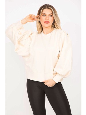 Kadın Bej Scuba Kumaş Balon Kol Sweatshirt 65N35312