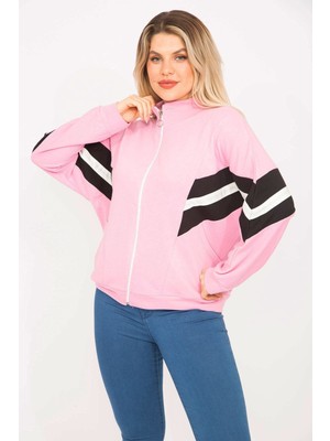 Kadın Pembe 2 Iplik Kumaş Ön Fermuar ve Şerit Detaylı Sweatshirt 65N35299