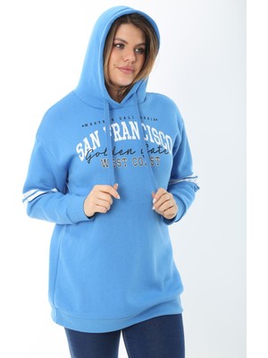 Kadın Büyük Beden Mavi Içi Şardonlu Üç Iplik Kapşonlu Sweatshirt 65N37464