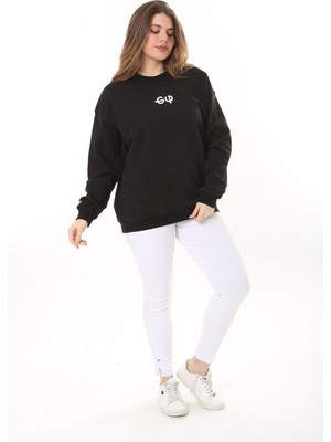 Kadın Büyük Beden Siyah Pamuk Kumaş Arka Baskılı Sweatshirt 65N37618