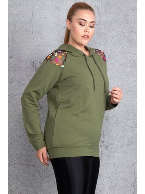 Kadın Haki Payet Detaylı Kapşonlu Sweatshirt 65N18838