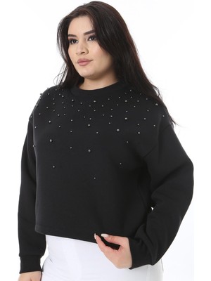 Kadın Büyük Beden Siyah Taş Detaylı Içi Şardonlu Sweatshirt 65N38632