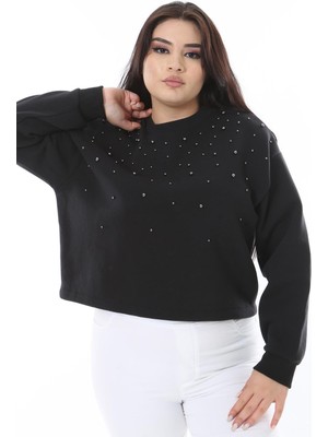 Kadın Büyük Beden Siyah Taş Detaylı Içi Şardonlu Sweatshirt 65N38632