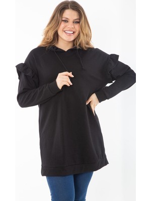 Kadın Büyük Beden Siyah Içi Şardonlu Üç Iplik Kol Detaylı Kapşonlu Sweatshirt 65N37299