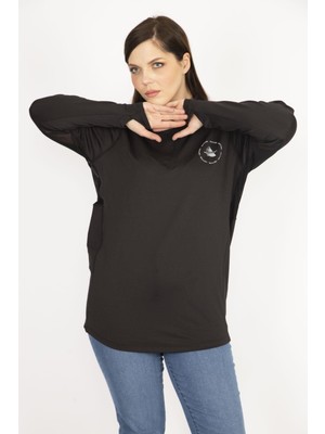 Kadın Siyah Büyük Beden Ön Pat Fermuarlı Sweatshirt