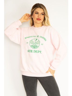 Kadın Pembe 3 Iplik Içi Şardonlu Polar Nakışlı Sweatshirt 65N35073