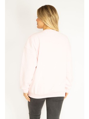 Kadın Pembe 3 Iplik Içi Şardonlu Polar Nakışlı Sweatshirt 65N35073