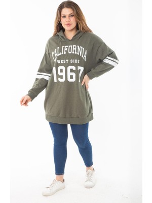 Kadın Büyük Beden Haki Içi Şardonlu Üç Iplik Kapşonlu Sweatshirt 65N37290
