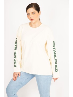 Kadın Bej Büyük Beden Kol Baskılı Sweatshirt