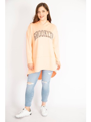 Kadın Somon Büyük Beden Payet Detaylı Kapşonlu Arkası Uzun Sweatshirt