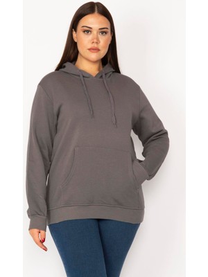 Kadın Füme Içi Şardonlu 3 Iplik Kanguru Cepli Kapşonlu Sweatshirt 65N29644