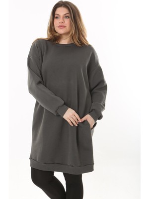 Kadın Büyük Beden Füme Içi Şardonlu 3 Iplik Yan Cepli Uzun Sweatshirt 65N37494