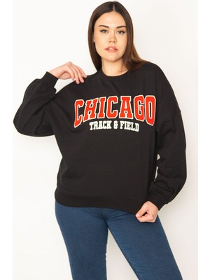 Kadın Siyah Nakış Detaylı Ribanalı Sweatshirt 65N31390