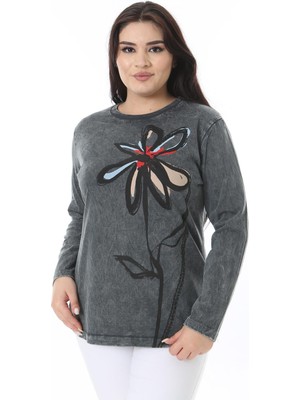 Kadın Büyük Beden Füme Yıkama Efektli Baskılı Sweatshirt 65N38631