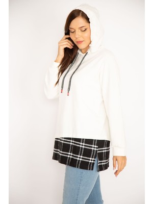 Kadın Kemik Kapşonlu Etek Ucu Ekose Garnili Sweatshirt 65N34878