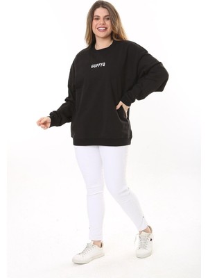 Kadın Büyük Beden Siyah Pamuk Kumaş Nakış Yazılı Sweatshirt 65N37616