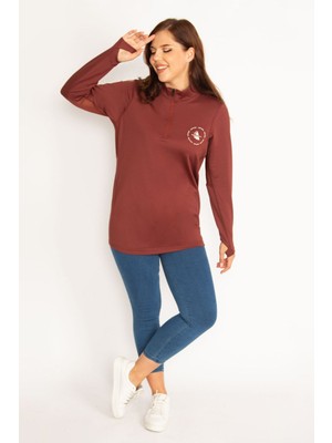Kadın Bordo Ön Pat Fermuarlı Kol Altı Tül Detaylı Spor Sweatshirt 65N34762