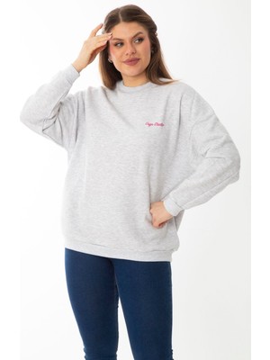 Kadın Büyük Beden Gri Içi Şardonlu Nakış Detaylı Swatshirt 65N37008