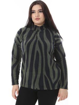 Kadın Büyük Beden Haki Pat Fermuarlı Polar Sweatshirt 65N38519