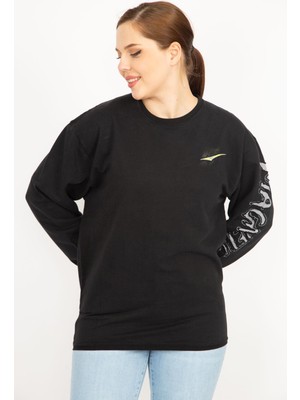 Kadın Siyah Büyük Beden Pamuklu Kumaş Kol Detaylı Sweatshirt