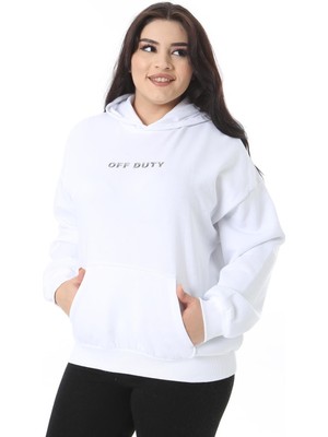 Kadın Büyük Beden Beyaz Iki Iplik Içi Şardonlu Arka Baskılı Sweatshirt 65N38624