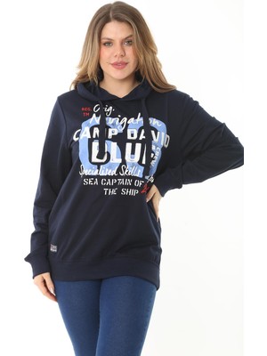 Kadın Büyük Beden Kırmızı Iki Iplik Ön Baskılı Kapşonlu Sweatshirt 65N37161