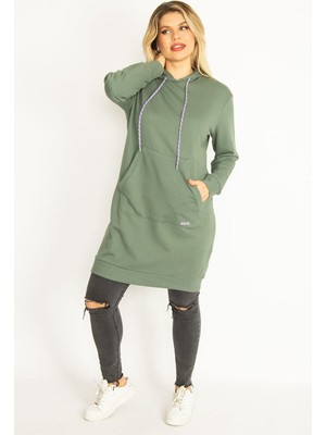 Kadın Yeşil Kapşonlu Kanguru Cepli Uzun Sweatshirt 65N35070