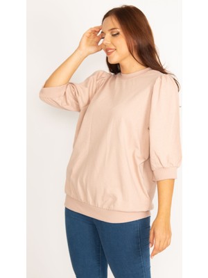 Kadın Pudra Omuz Büzgü Detaylı Kapri Kol Sweatshirt 65N34802