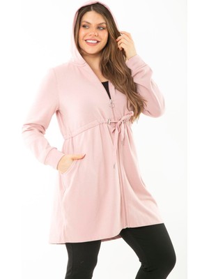 Kadın Büyük Beden Pembe Kapşonlu Belden Büzgü Bağcıklı Sweatshirt 65N37119