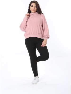 Kadın Büyük Beden Pembe Ön Pat Fermuarlı Sweatshirt 65N38617