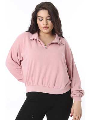 Kadın Büyük Beden Pembe Ön Pat Fermuarlı Sweatshirt 65N38617