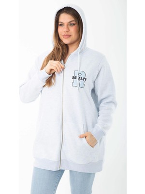 Kadın Büyük Beden Mavi Içi Şardonlu Ön Fermuar ve Kapşonlu Sweatshirt 65N37405