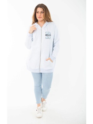 Kadın Büyük Beden Mavi Içi Şardonlu Ön Fermuar ve Kapşonlu Sweatshirt 65N37405