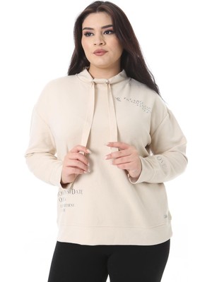 Kadın Büyük Beden Vizon Yakası Kuşgözü Bağcık ve Baskı Detaylı Sweatshirt 65N38620