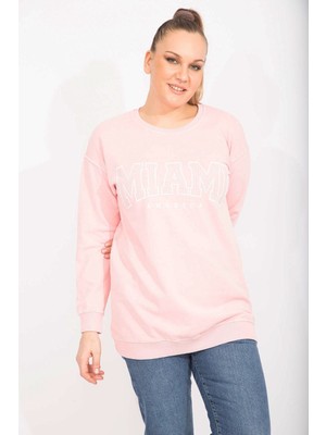 Kadın Pembe Pamuklu Kumaş Taş ve Baskı Detaylı Sweatshirt 65N35482