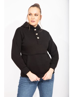 Kadın Siyah Içi Şardonlu 2 Iplik Kumaş Ön Pat Düğmeli Kanguru Cep ve Kapşonlu Sweatshirt 65N35462