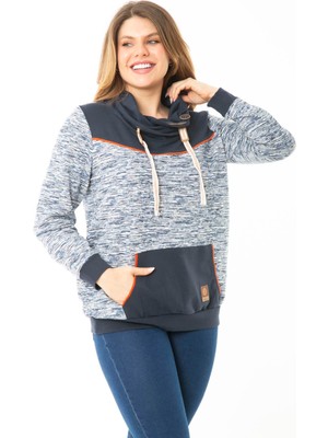 Kadın Büyük Beden Kuşgözü Bağcık ve Süs Düğme Detaylı Kanguru Cepli Dik Yaka Sweatshirt 65N37122