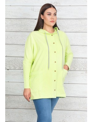 Kadın Yeşil Pamuklu Kumaş Kapüşonlu Ön Düğmeli Sweatshirt 65N20439