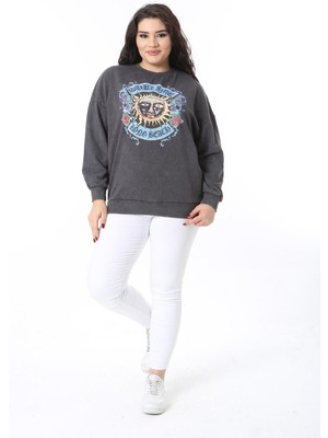 Kadın Büyük Beden Füme Ön Baskılı Sweatshirt 65N38616