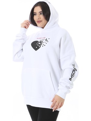 Kadın Büyük Beden Beyaz Polar Içi Şardonlu Baskı ve Kapşon Detaylı Sweatshirt 65N38623