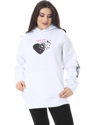 Kadın Büyük Beden Beyaz Polar Içi Şardonlu Baskı ve Kapşon Detaylı Sweatshirt 65N38623