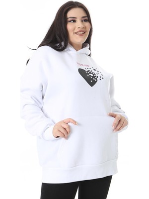 Kadın Büyük Beden Beyaz Polar Içi Şardonlu Baskı ve Kapşon Detaylı Sweatshirt 65N38623