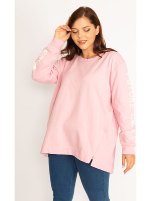 Kadın Pembe Içi Şardonlu Pamuklu Kumaş Etek Ucu Iki Yan Fermuar Yırtmaçlı Kol Baskılı Sweatshirt