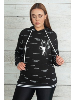 Kadın Siyah Kapüşonlu Etek Ucu ve Kol Ağzı Simli Ribanalı Baskılı Sweatshirt 65N20362