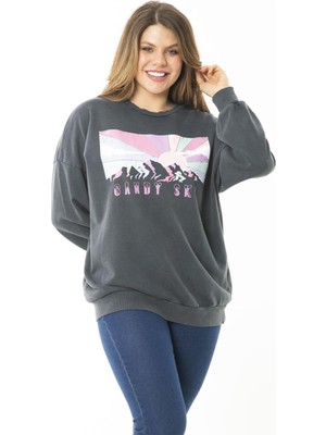 Kadın Büyük Beden Füme Dijital Baskılı Sweatshirt 65N37159