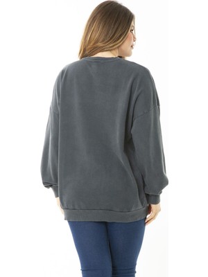 Kadın Büyük Beden Füme Dijital Baskılı Sweatshirt 65N37159