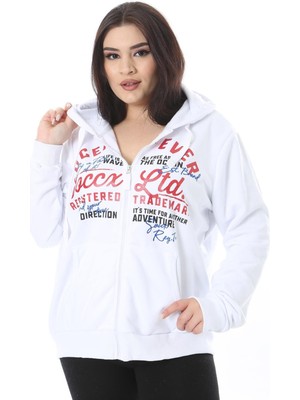 Kadın Büyük Beden Beyaz Ön Fermuar ve Baskılı Kapşonlu Sweatshirt 65N38622