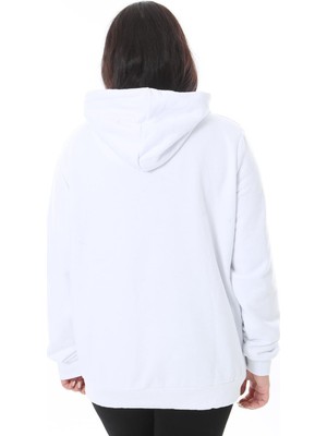 Kadın Büyük Beden Beyaz Ön Fermuar ve Baskılı Kapşonlu Sweatshirt 65N38622