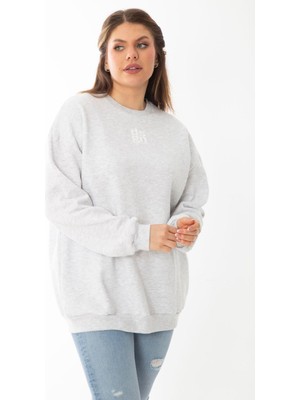 Kadın Büyük Beden Gri Içi Şardonlu Swatshirt 65N37009