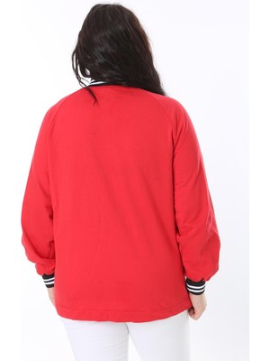 Kadın Büyük Beden Kırmızı Çıtçıt Düğmeli Ribanalı Sweatshirt 65N38615